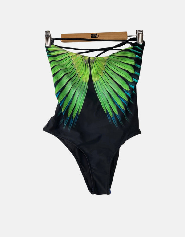 Women's Black One-Piece Swimsuit with Vibrant Green Wing Print